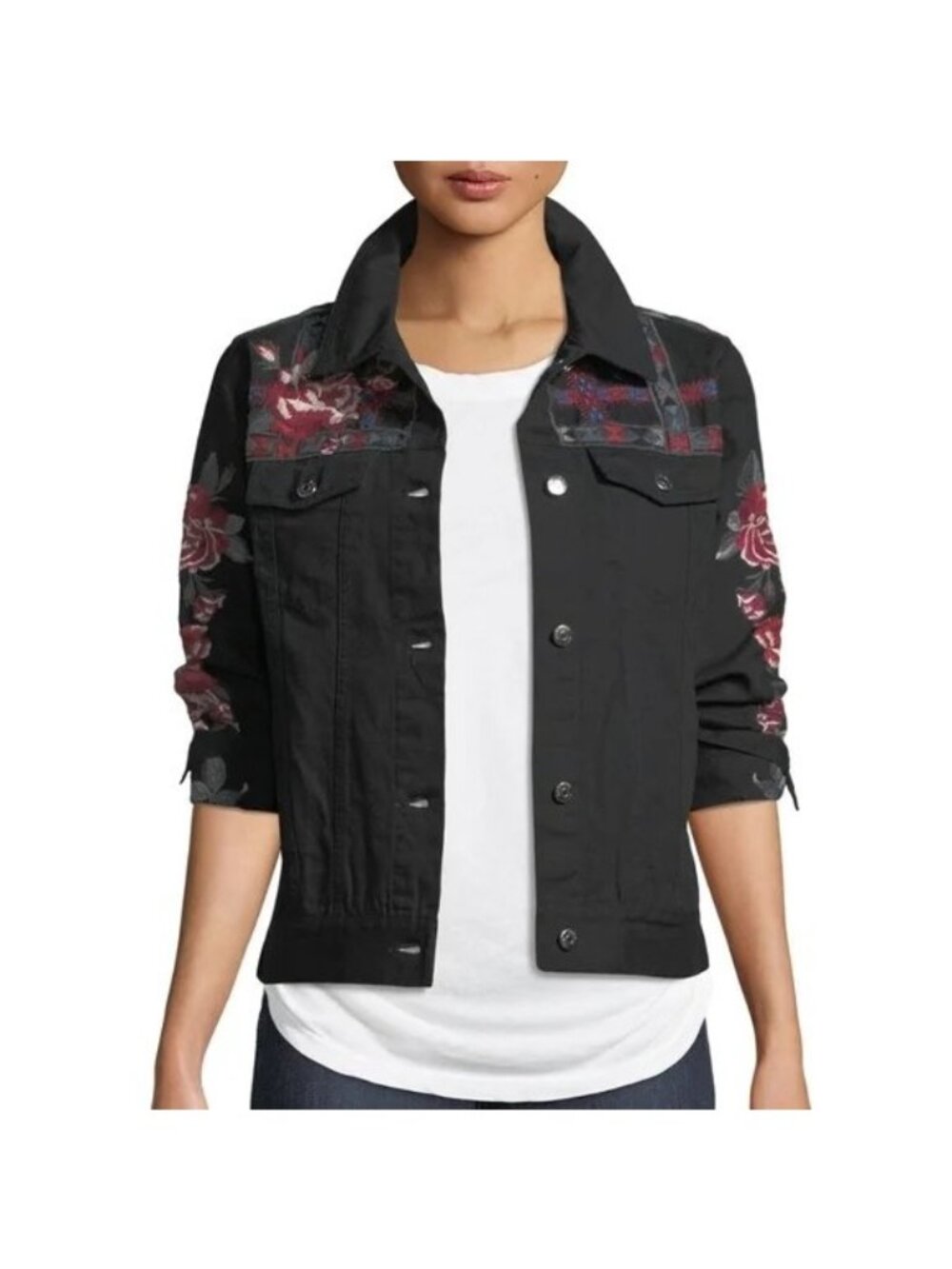 Johnny Was Rae Weekend Southwestern Floral Embroidered Black Denim Jacket Small